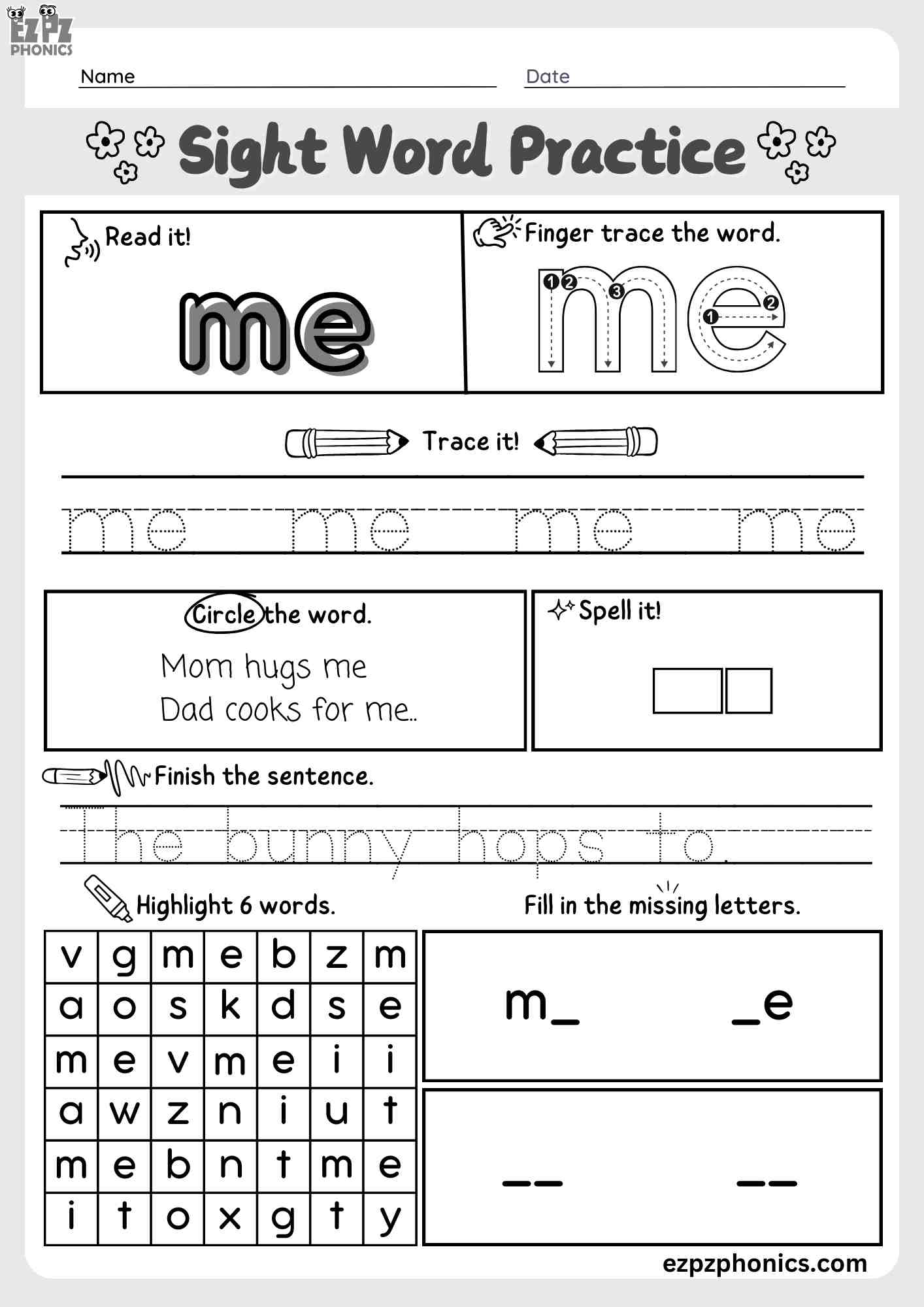 "Me" Dolch Sight Word Worksheet – Fun Activity for Early Readers Free PDF Download
